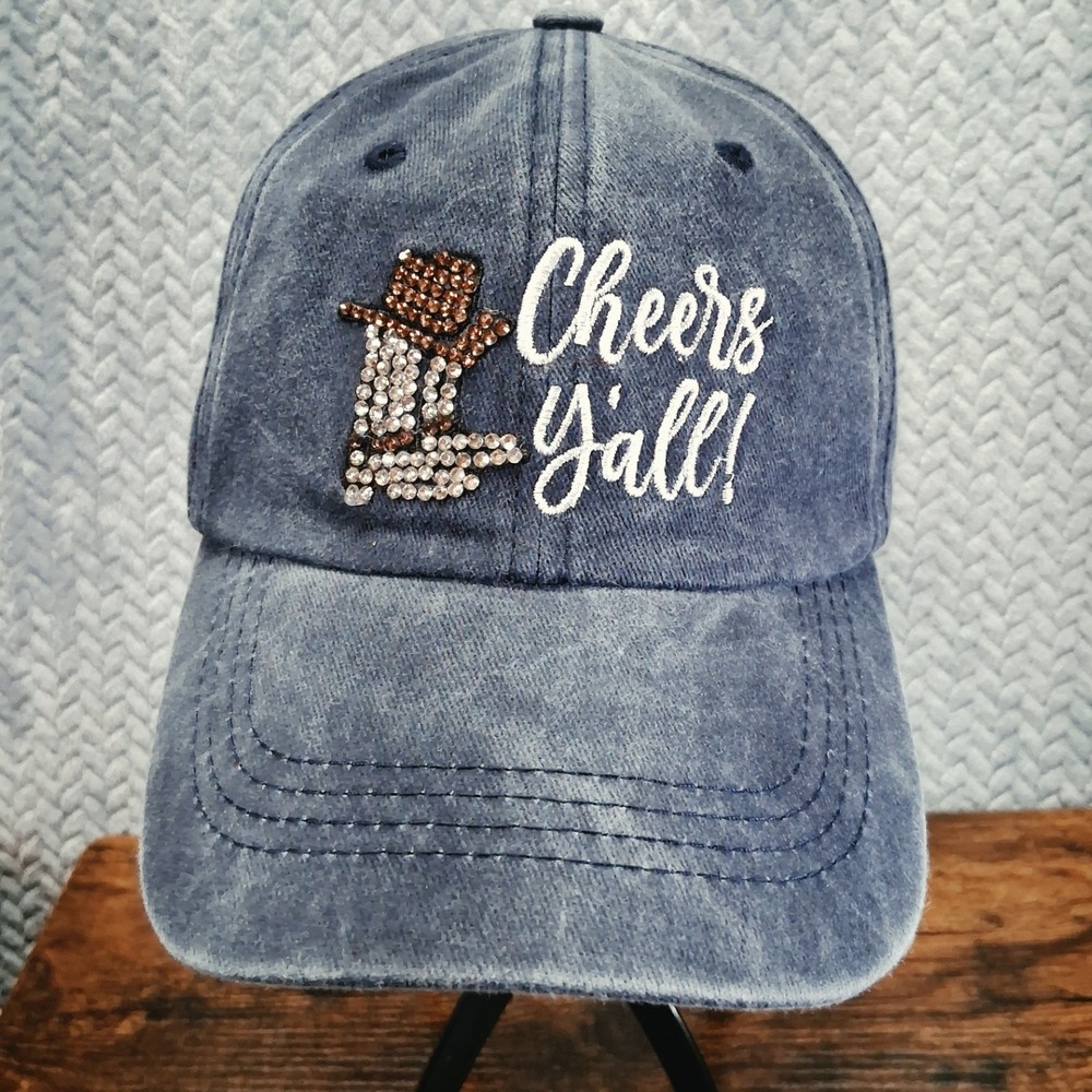 Cheers Yall Rhinestone Cowboy Boot Denim Baseball Cap Distressed Western Hat